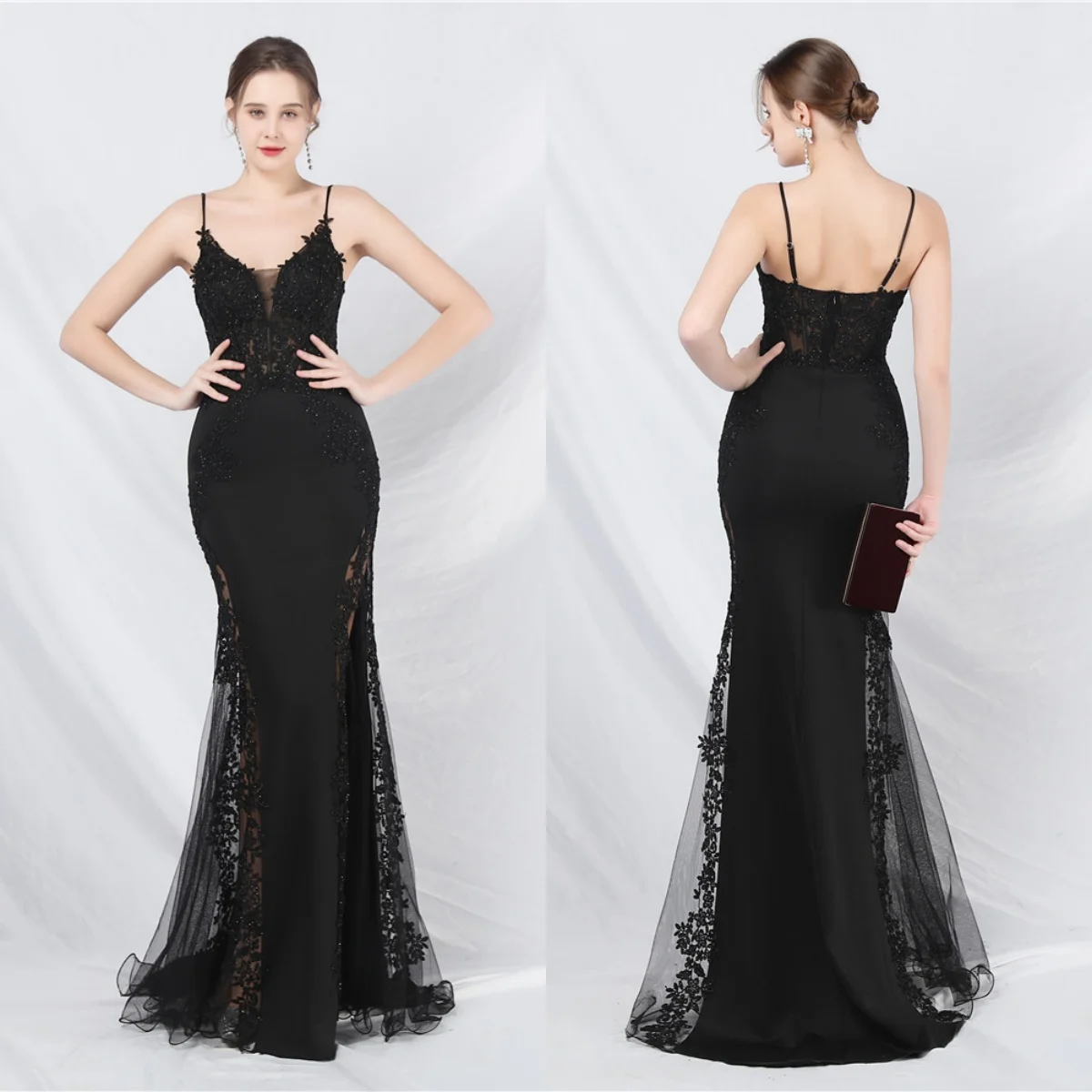 Evening Dress Black Appliques Stretchy Sgaphetti Straps Zipper Back Mermaid Trumpet Floor Length Women Party Formal Gowns YE124