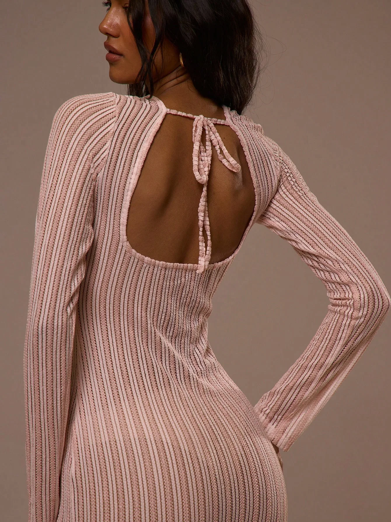 Pink textured striped backless dress - fitted strapless open-front long-sleeved knitted dress