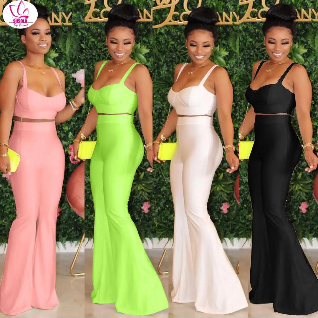 Summer Two Piece Set Casual Neon Spaghetti Strapless Sleeveless Corp Tops Long Flare Pants Suit Night Party Set Outfit Tracksuit