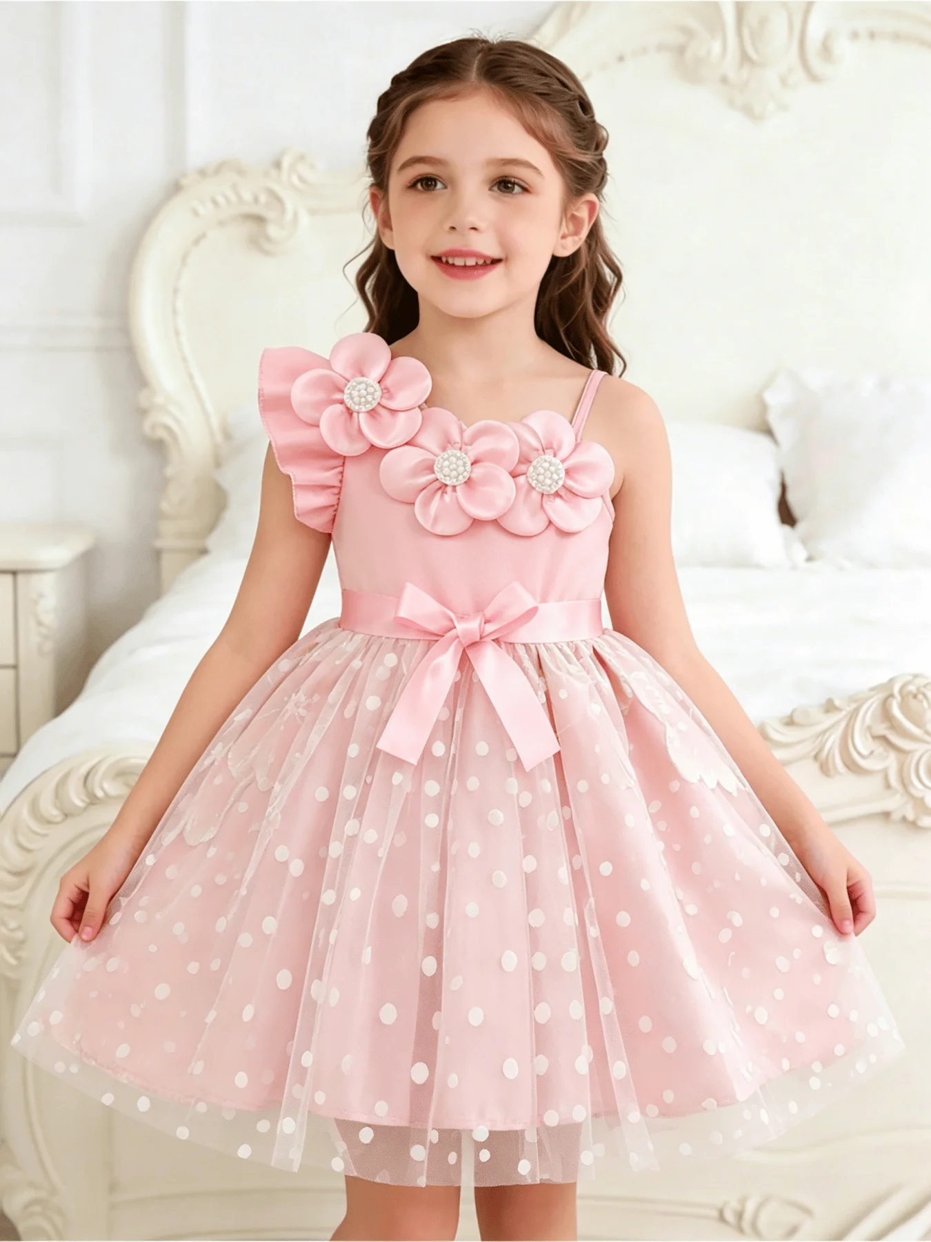 Girls' Summer Polka Dot Mesh Dress 4-7 Years Old Sloping Shoulder Suspender Dress Children's Clothing Accessories