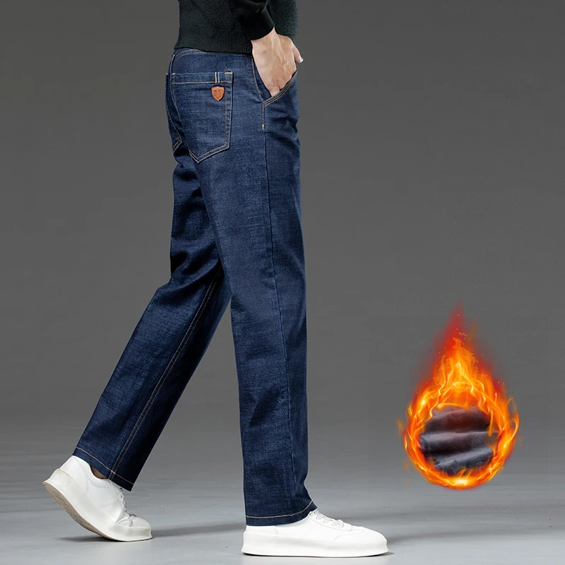 Winter Velvet Warm Jeans Men's Business Thick Work Pants Fashion High Waist Stretch Wool Straight Pants Brand Men's Hot Pants