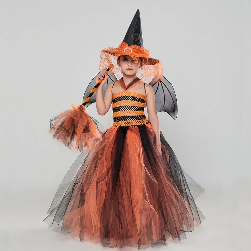 Costume da strega per feste di carnevale di Halloween per ragazze vestito da Tutu da favola per bambini con cappello da scopa Set Deluxe