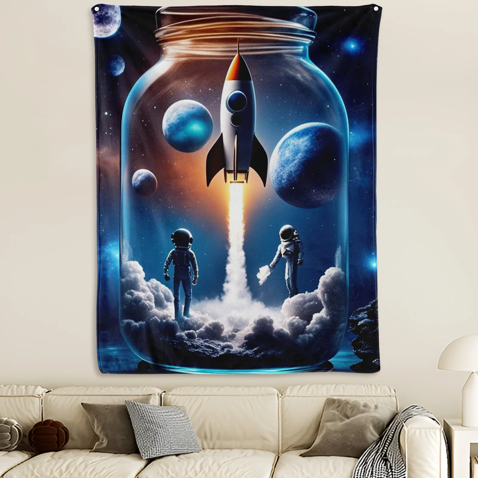 Message In A Bottle Tapestry Blanket Featuring Space Rocket Planet And Astronaut Design For Galactic Adventure Themed Home Decor
