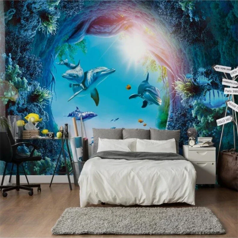 

Custom Wallpaper 3d Large Mural Underwater World dolphin Background Wall Polar bear children 's house Photo mural papier peint