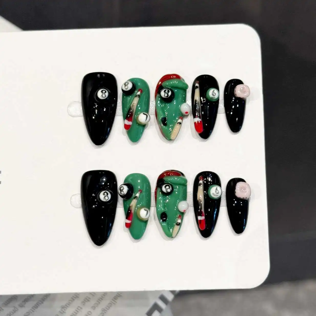 10pcs Personalized Street Style Handmade False Nails 3D Black Eight Table Tennis Decor Press On Nail Spicy Girl Almond Fake Nail