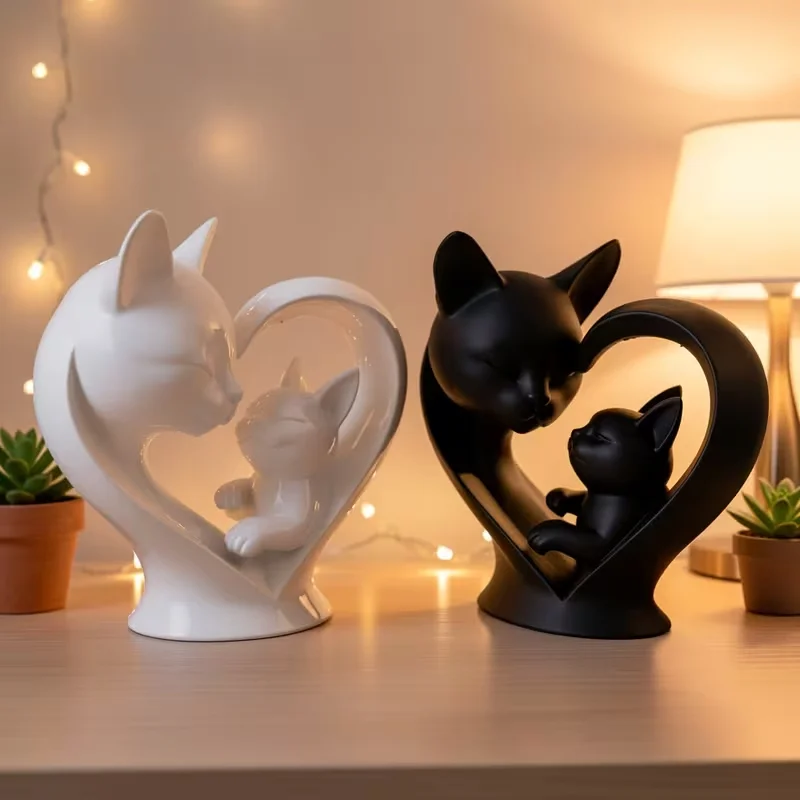 1/2 Pcs Heart Mother and Kitten Statue Ornament, Heart Parent-Child Cat Sculpture, Cute Kitten Decoration