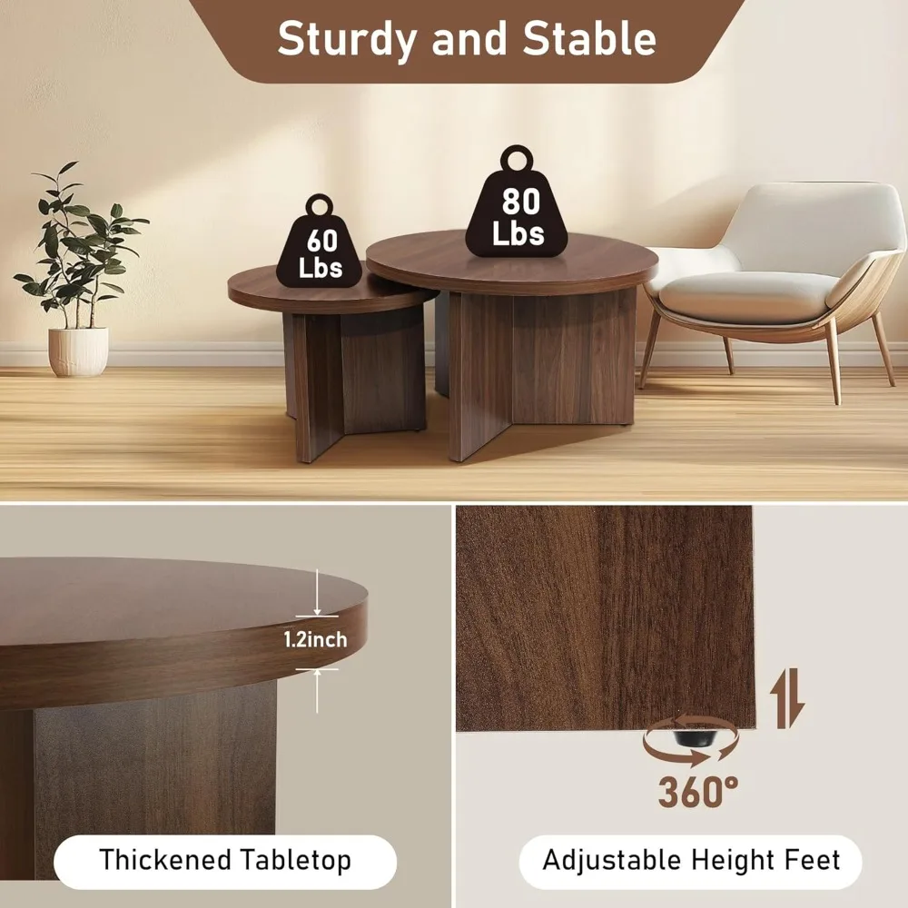 Nesting Coffee Tables Set of 2, Modern Stacking Table with Wood Grain Finish, End Table Side Tables for Living Room (Walnu