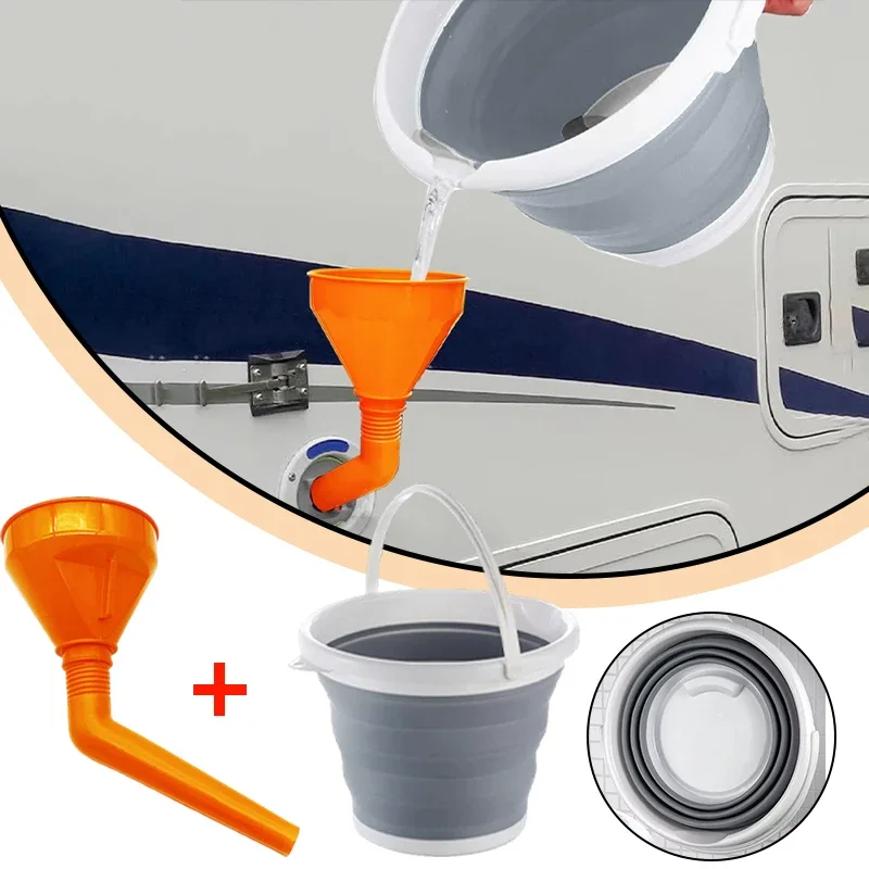 Motorhome Water Funnel Filler Toilet Flush Filler Funnel & 10l Collapsible Folding Silicon Bucket For Caravan Campervan