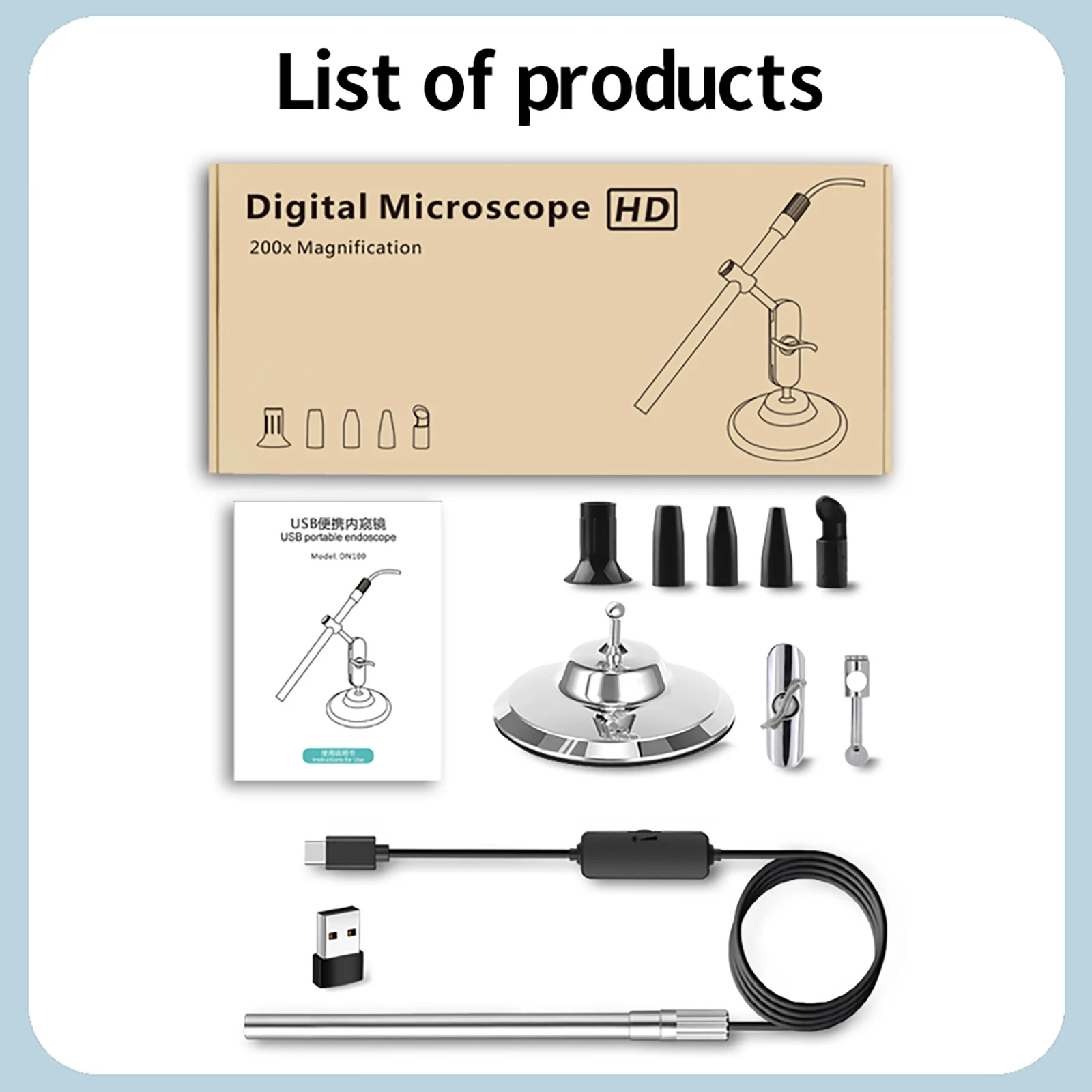 Caméra de microscope numérique pour déterminer, HD, USB, inspection, grossissement 50x-200x, 8 LED, TYPE-C, 1080P