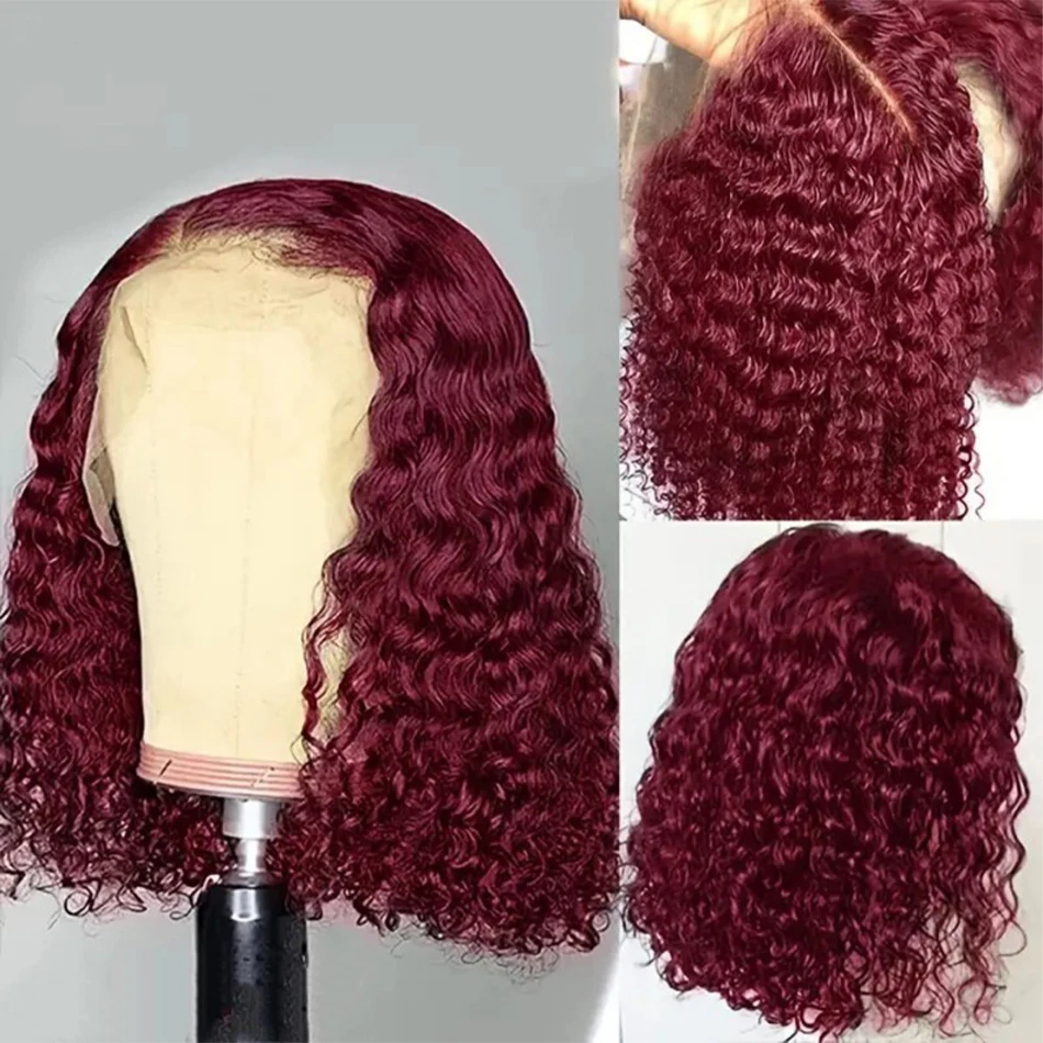Peluca con malla Frontal rizada de onda profunda 13x4, pelucas frontales transparentes de corte corto de color 99J, cabello humano 100% rojo burdeos, 200% de densidad
