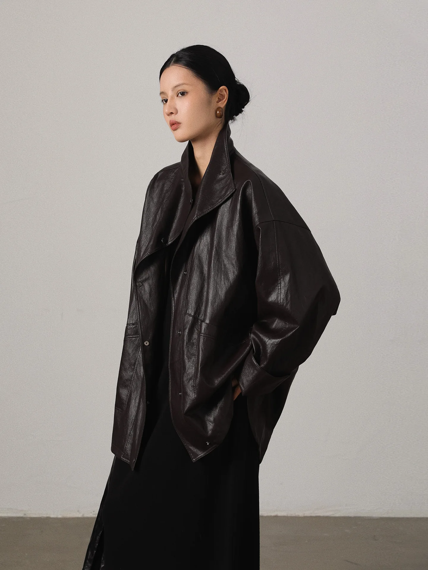 Vimore Classic Lightweight Metal Wire PU Leather Jaet Coat Flip Collar ape Leather Outerwear Long Sve Loose Fit Sle