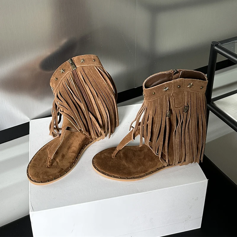 

ZOOKERLIN Designer Fringe Wedges Woman Boots Sandals Mid Heel Open Toe Party Prom Shoes For Women 2024 Sexy Zipper Female Pumps