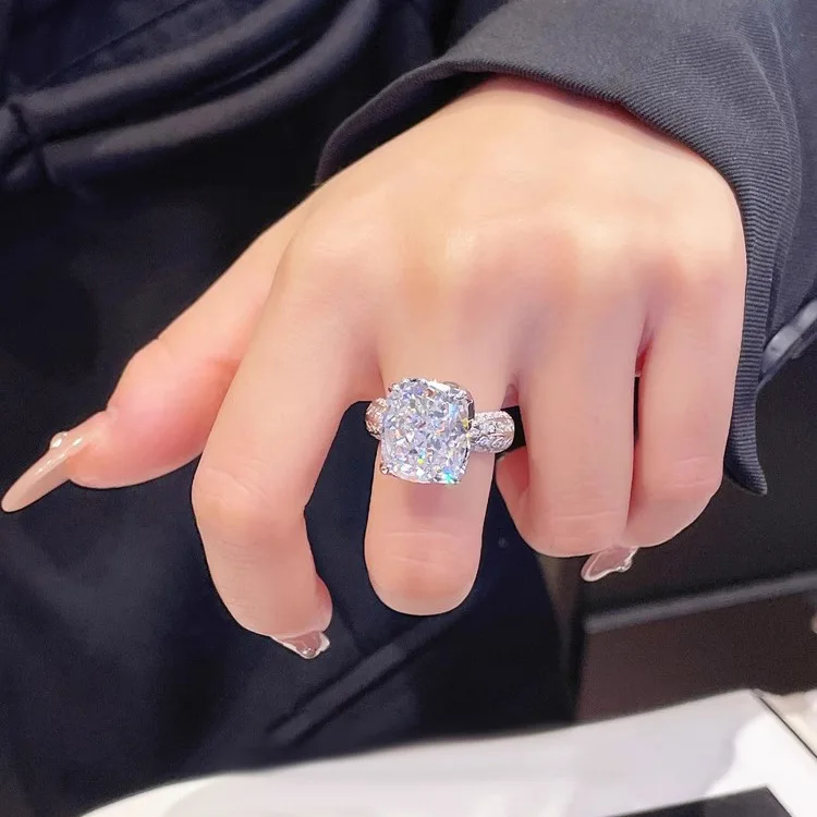 Women s S925 Sterling Silver Ring Featuring Yellow Ice Flower Cut Diamond And Fat Rectangular Pink White High Carbon Diamond