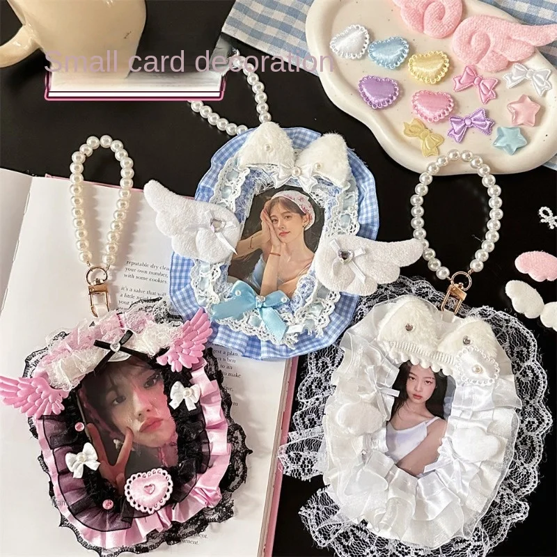 DIY Handmade Card Holders for Students Handicrafts Pearls Rope Lace Bowknots Plush Ears Homemade Kawaii Photo Card Badge Holder