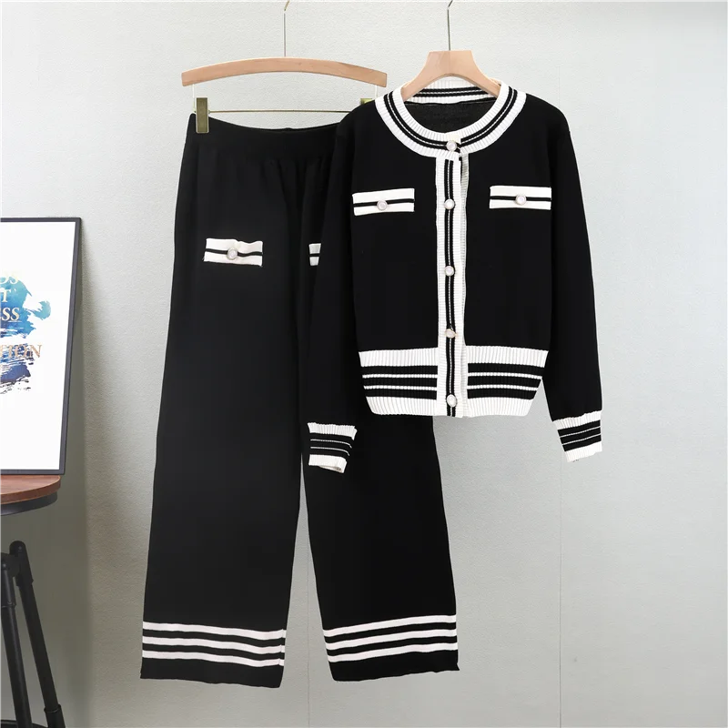 Korean Fashion Casual Knit Two Piece Set Women Sweater Cardigan Wide Leg Pant Suits Tracksuit 2 Piece Sets New Autumn