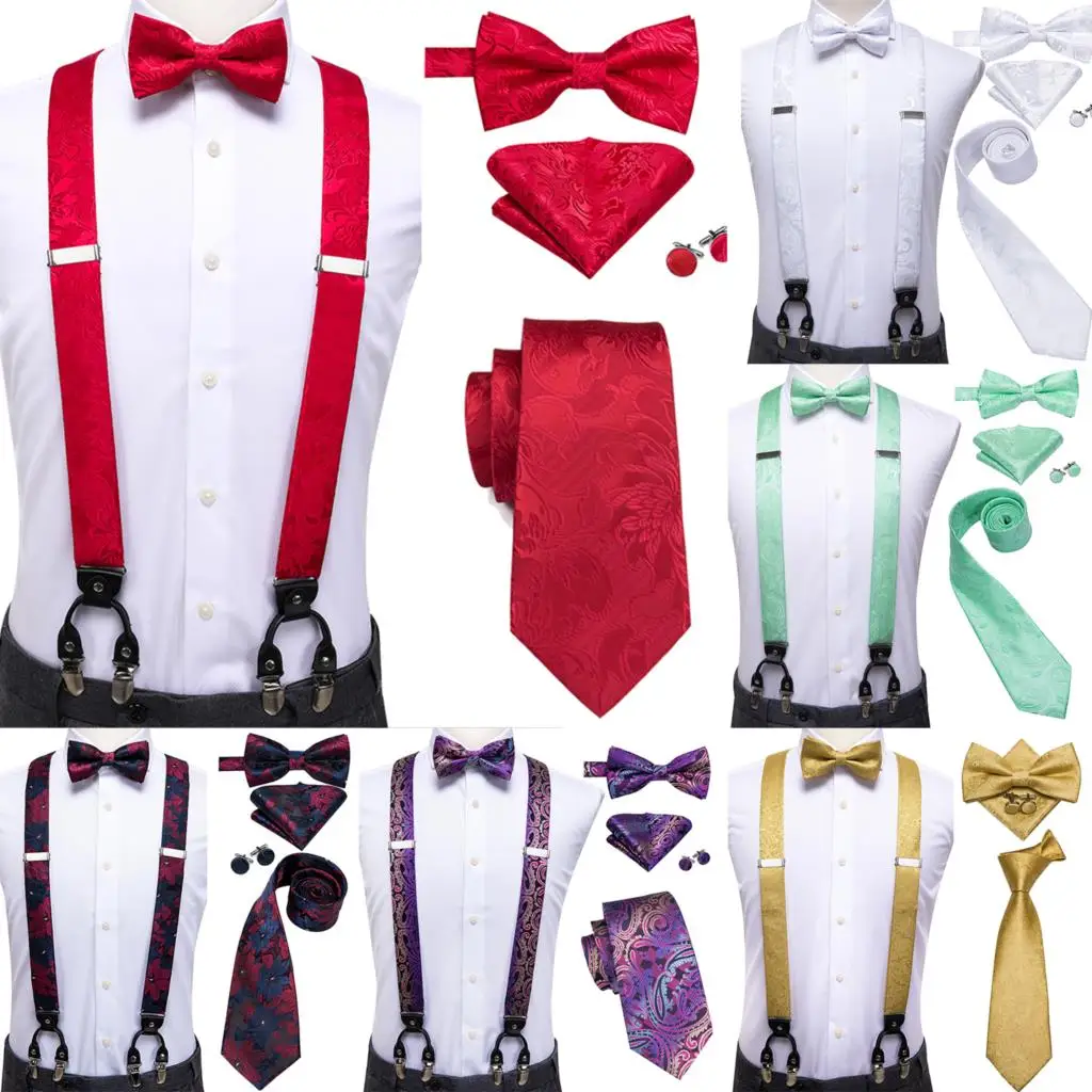 silk-adult-men's-suspender-set-6-clips-braces-vintage-gold-red-pink-green-wedding-suspenders-bowtie-necktie-hanky-cufflinks-set