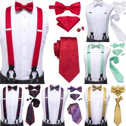 Set di bretelle da uomo in seta per adulti 6 clip bretelle Vintage oro rosso rosa verde bretelle da sposa papillon cravatta Hanky Set di gemelli