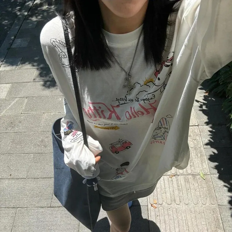 

Футболка с длинными рукавами Hello Kitty Y2K Kawaii для девочек, хлопковая свободная одежда с длинными рукавами и буквенным принтом, милая крутая одежда для девочек