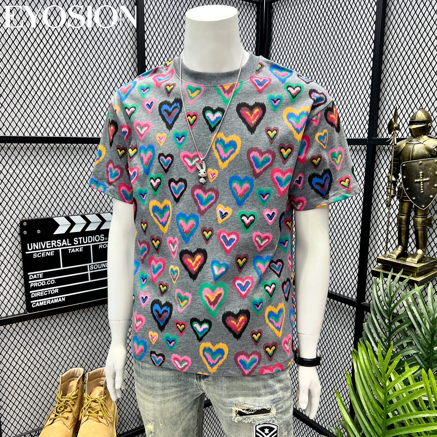 Summer Men Short Sleeved T-shirt Heart Printed High Quality Cotton Round Neck American Retro Trendy 2026 New Casual Tee Top 4XL