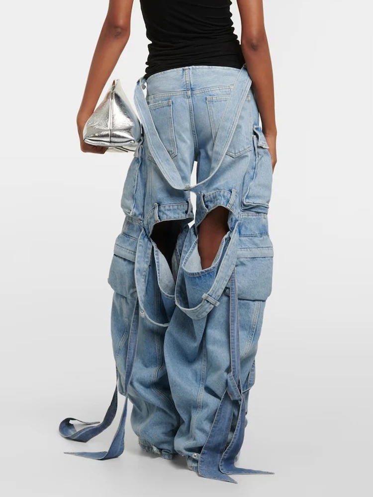 

VGH High Street Belted Torn Denim Jeans High Waist Straight Leg Wide Leg Pants with kets Vintage Sle Ladies Jeans