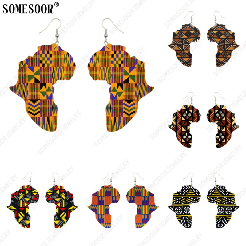 

SOMESOOR Afro Ethnic Fabric African Map Wooden Drop Earrings Bohemian Tribal Geometric Pendant Dangle Jewelry For Women Gifts