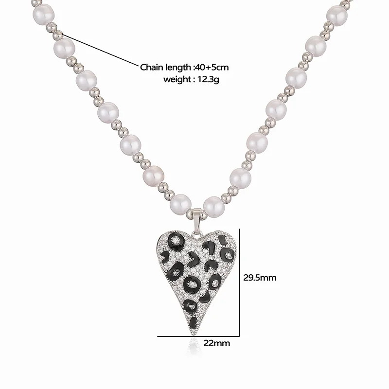 HECHENG Artificial Pearls Beaded Necklace 18K Golden Plated CZ Gemstone Heart Leopard Dot Pendant Necklace Ladies Jewellery