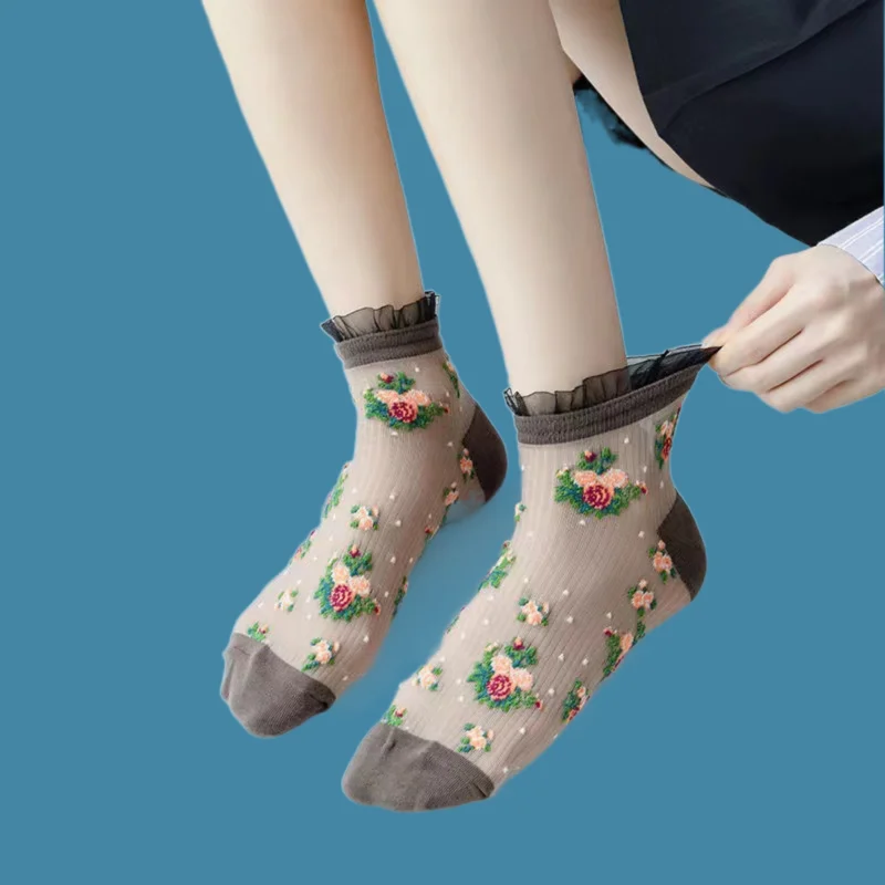 Calcetines cortos de encaje fino para mujer, medias transpirables de alta calidad con flores, 4/8 pares