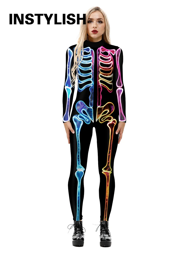 Imagem -02 - Esqueleto Fluorescente Feminino Trajes Cosplay Bodysuits Estampados em 3d Macacão Elástico Sexy Fino Macacão de Manga Comprida Macacão