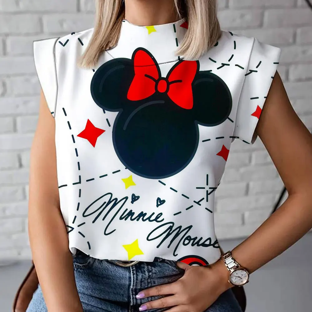 Camiseta de manga corta con cuello alto para mujer, camiseta de dibujos animados de Mickey y Minnie, ropa cómoda y a la moda, novedad de verano