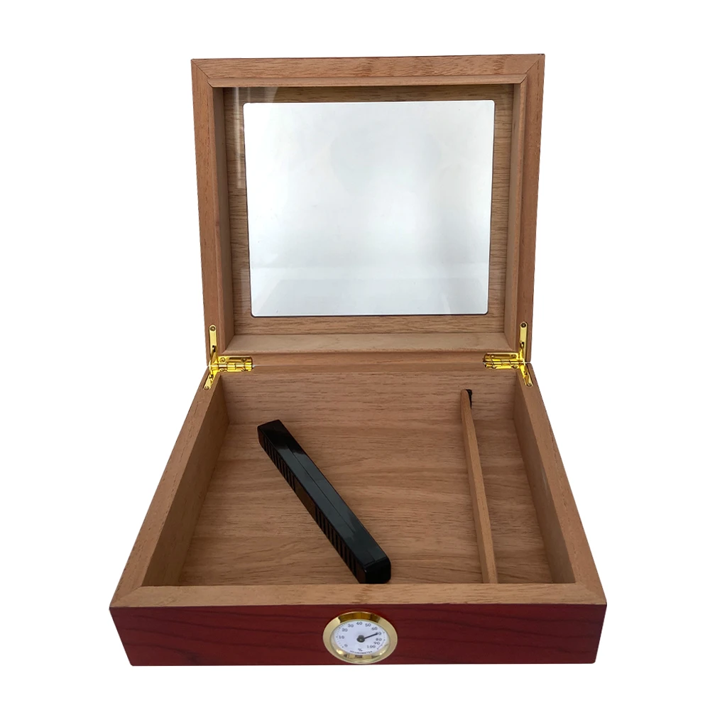 Cigar Humidor, Glass Top Cigar Box with Hygrometer Humidifier and Divider, Desktop Cedar Wood Storage Case Holds 15-20 Cigars