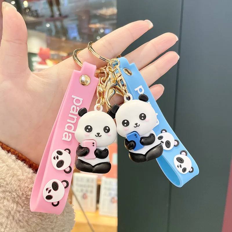 Cute Panda Cartoon Keychain PVC Wristbands Animal Shaped Keyring Couple\'s Holiday Gifts Car Bags Accessories Wholesale