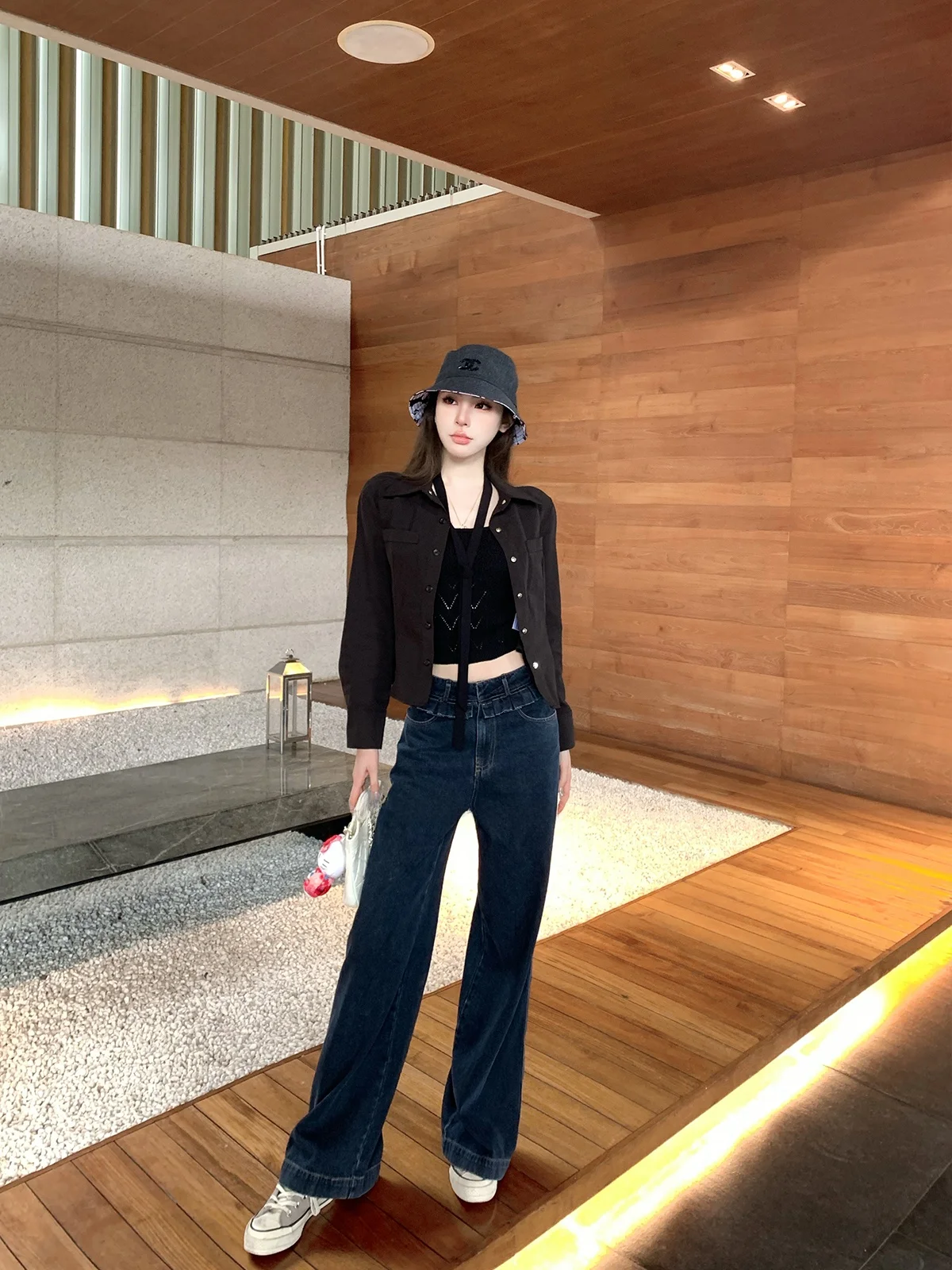 

Джинсы с высокой талией и прямыми штанинами, винтажные, в корейском стиле, из хлопкового стрейч-денима с эффектом кислотной стирки