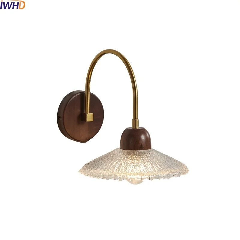 

IWHD Wood Glass LED Wall Light Fixtures Corridor Bedroom Living Room Modern Bedside Lamp Applique Da Parete