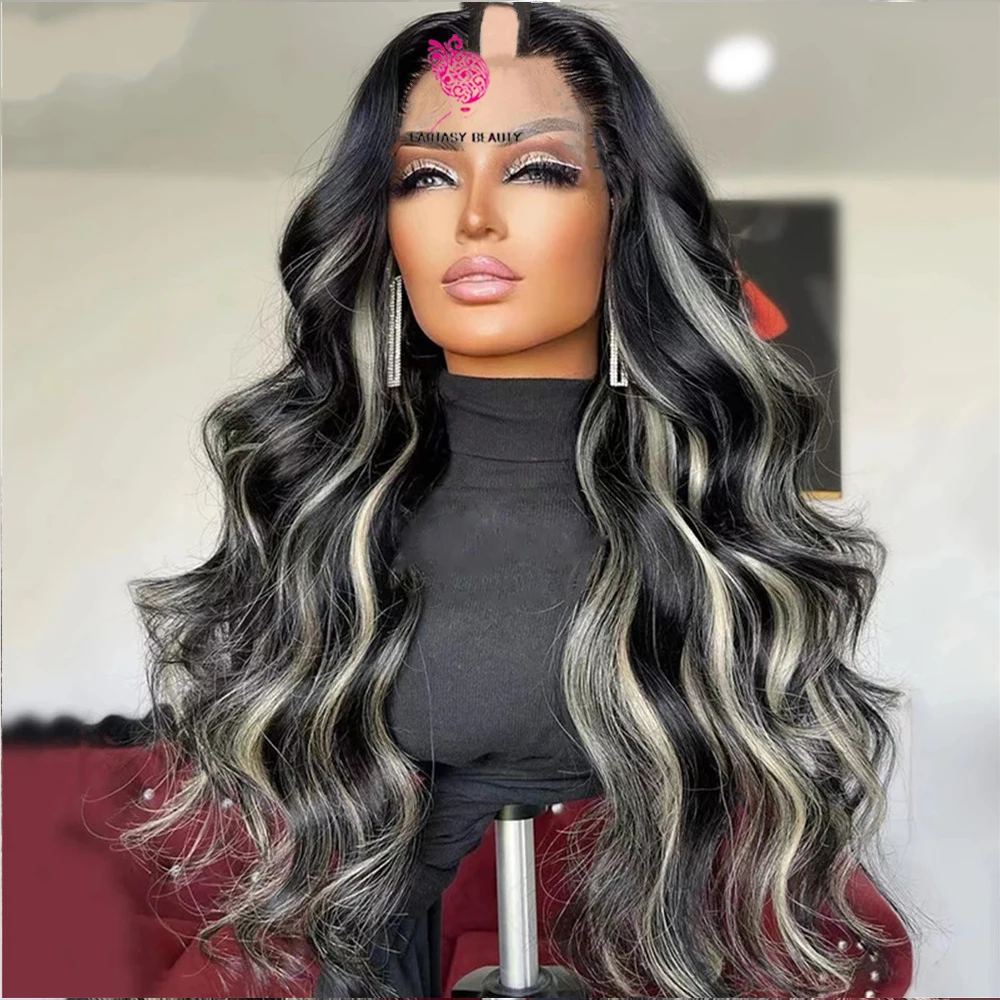 

V Part Wig Body Wave Highlight Grey Wigs No Glue No Leave Out Human Hair Gray and Black Ombre U part Wigs Beginner Friendly