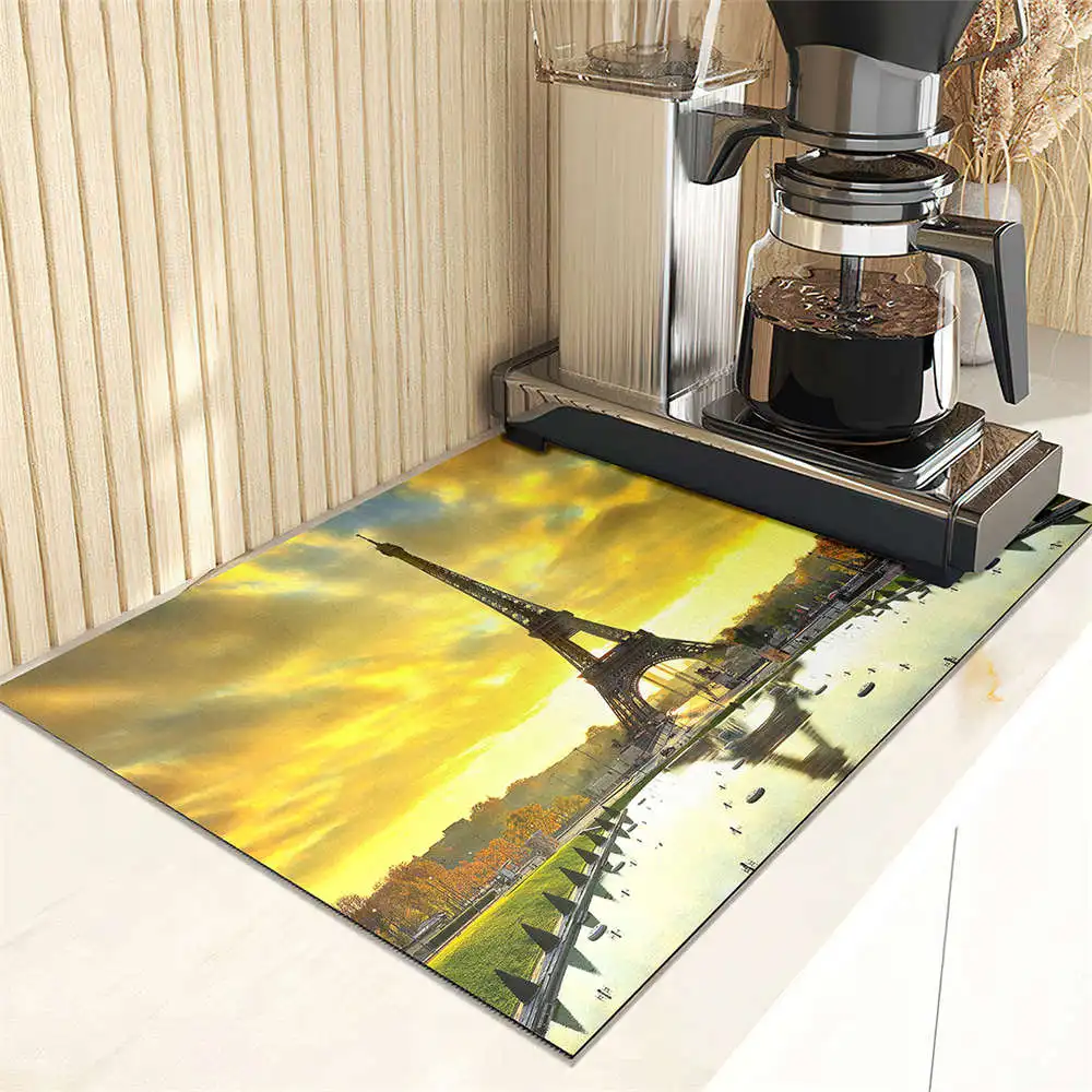 Eiffel Tower Landscape Print Kitchen Drain Pad Absorbent Dish Drying Mat Countertop Protector Mat Tableware Placemat Dinnerware