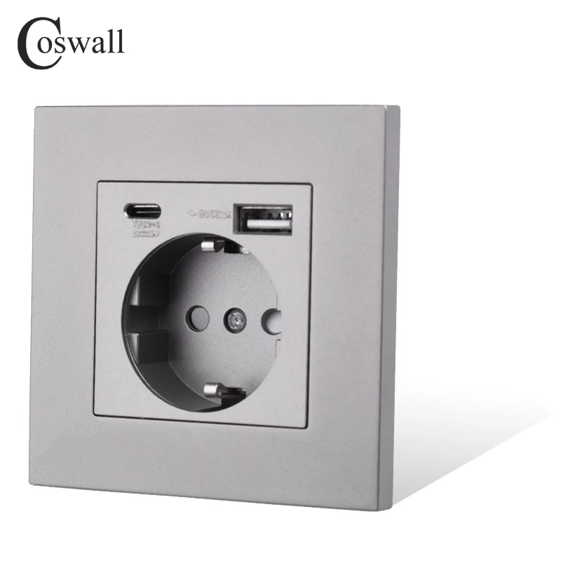 COSWALL Plastic Panel White EU / Spain / Russia Wall Power Socket Grounded With 18W Type-A & C Dual USB DC 5V 3A Fast Charger