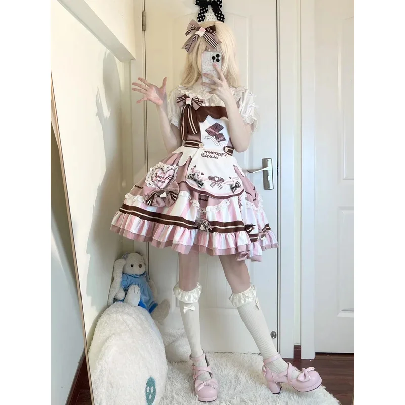 Japanese Dream Lolita Jsk Dress Women Kawaii Cute Bow Print Bow Lace Sleeveless Strap Dresses Girl Sweet Princess Party Vestidos