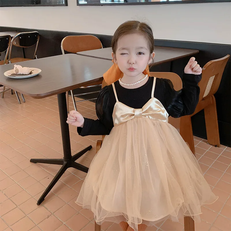 

Children's Clothing2025Autumn Girls Hepburn Style Puff Sleeve Princess Dress Little Girl Stylish Fake Two-Piece Dress Baby