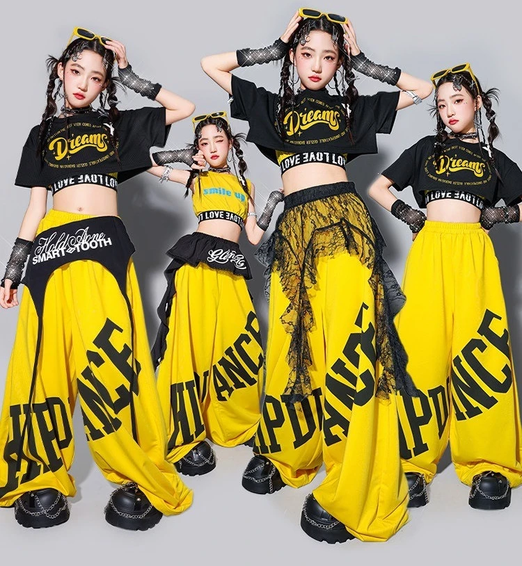 Girls K-pop Crop Top Street Dance Letters Sport Loose Pants Children Hip Hop Streetwear Kids Jazz Girl Group Costume Clothes Set