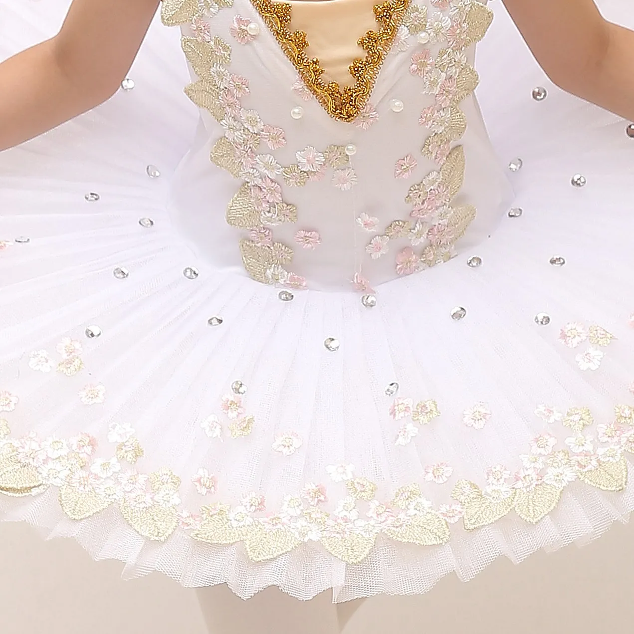 Ballet Tutu Skirt For Girls Children\'s Dance Costumes White Swan Belly Performance Dress Floral Embroidered Crystal