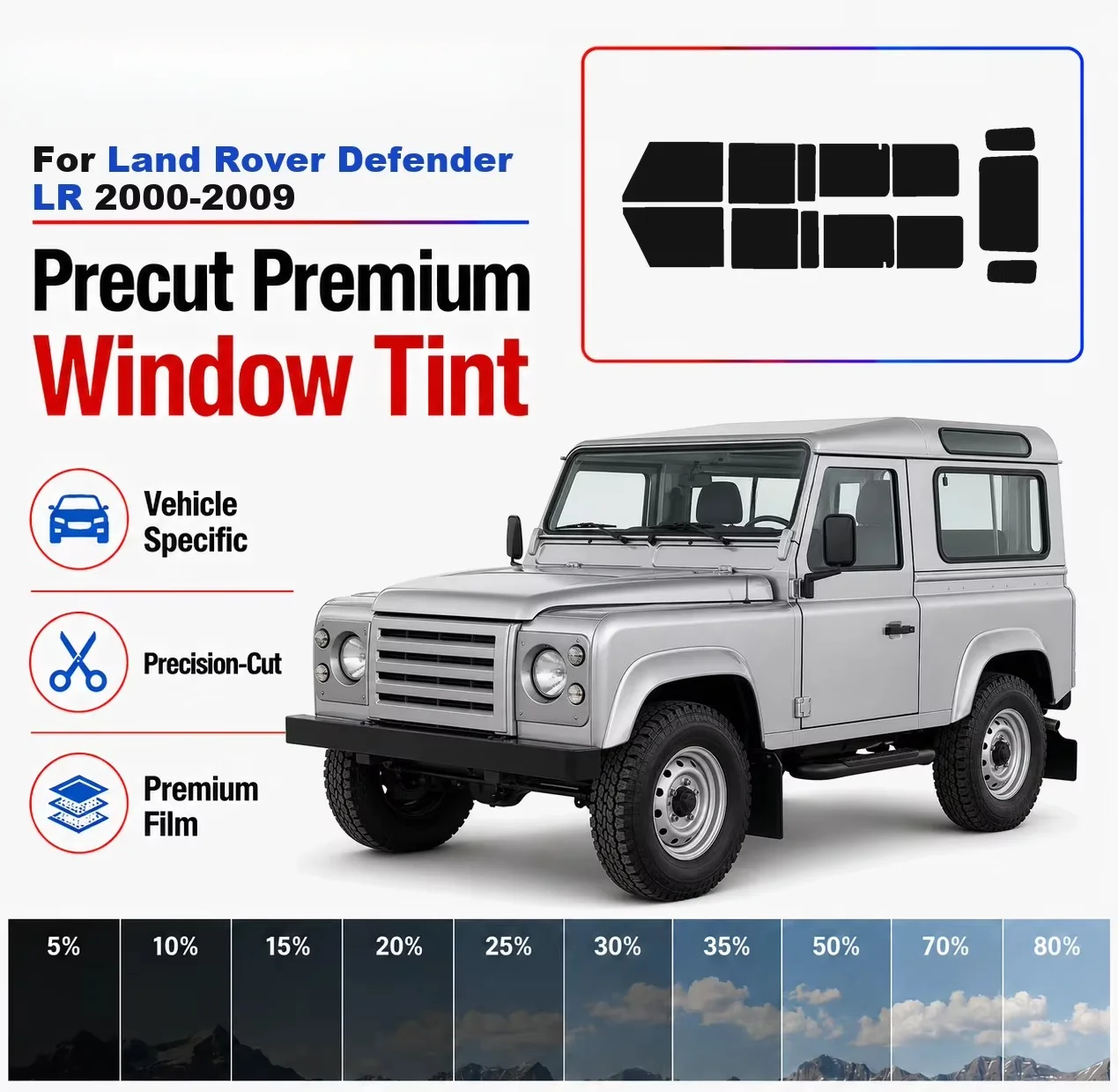 Premium Precut Window Tint Kit Front Windows Rear Windows Rear Windshield For Land Rover Defender LR 2000-2009 Nano Ceramic Film