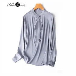 French Haze Blue 19MM Light Luxury 93% Natural Mulberry Silk Elastic Double Qiao Satin Stand Up Collar Temperament Women's Shirt