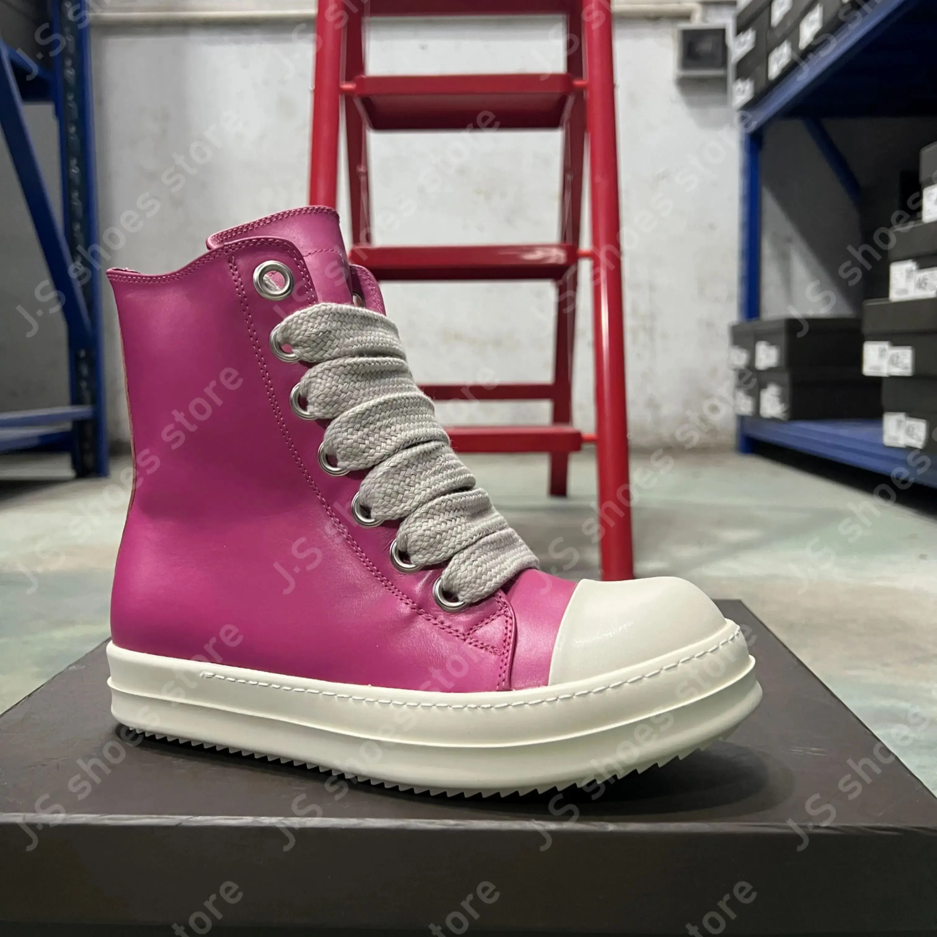 

Ricks Rose Pink Leather High Top Shoe Owens Design Boots Men Shoes Zipper Women Casual Sneaker Jumbo Laces Genious Ankle Boot