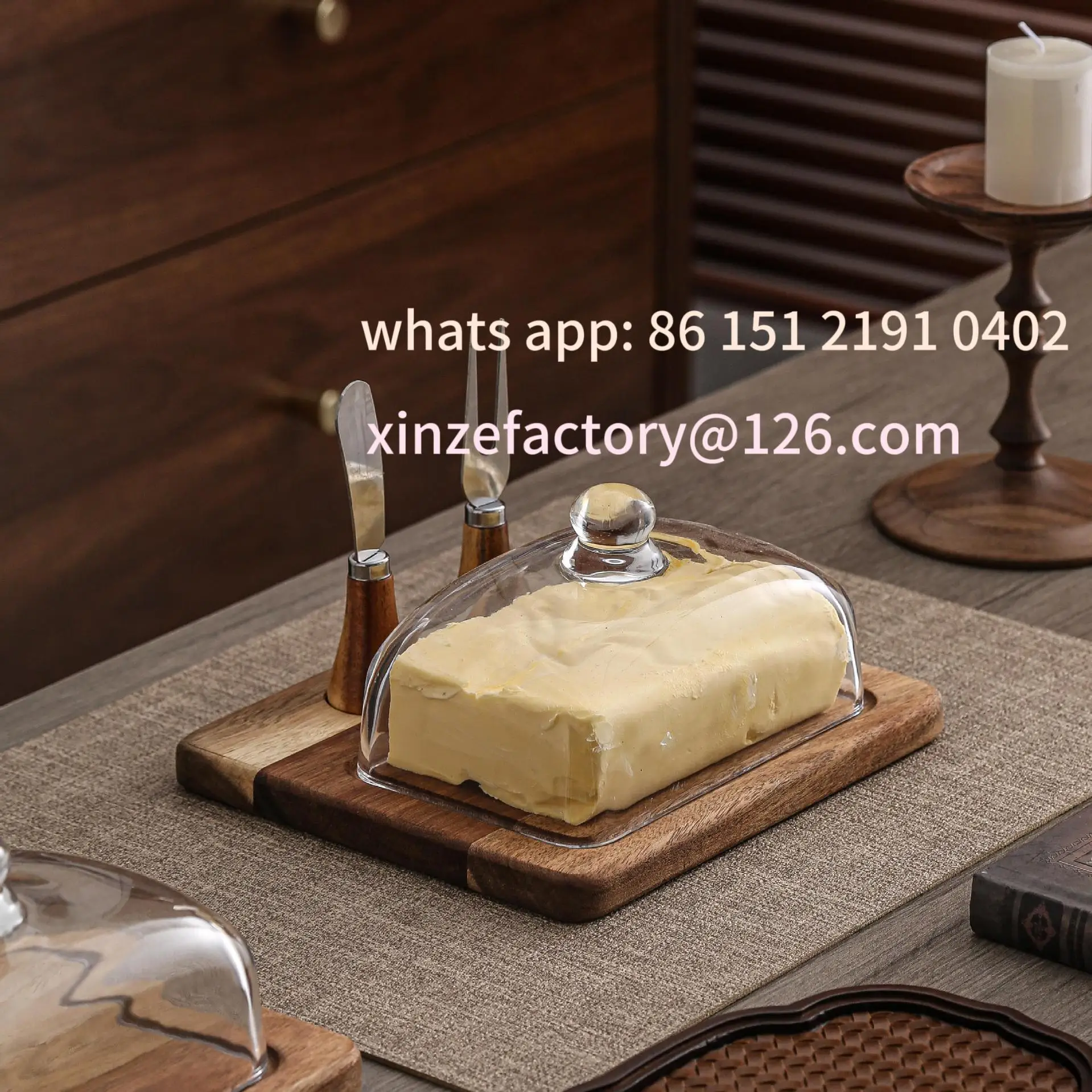 Customizable Acacia-Wood Butter Box with Lid & Knife – Cheese / Butter / Rustic Kitchen Cake Dessert Board, Glass Dome Cover