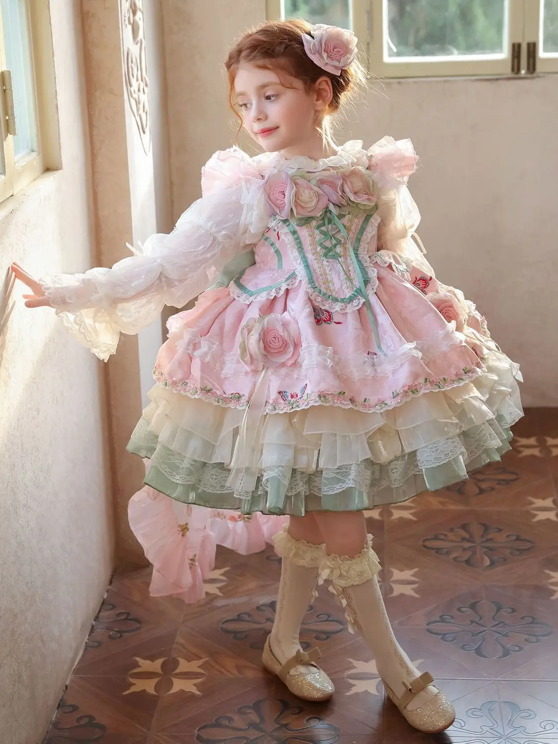 Baby Girl Spring Pink Sweet Cute Floral Lolita Lace Princess Gauze Ball Gown Palace Lace Dress Birthday Party Eid Childen Clothi
