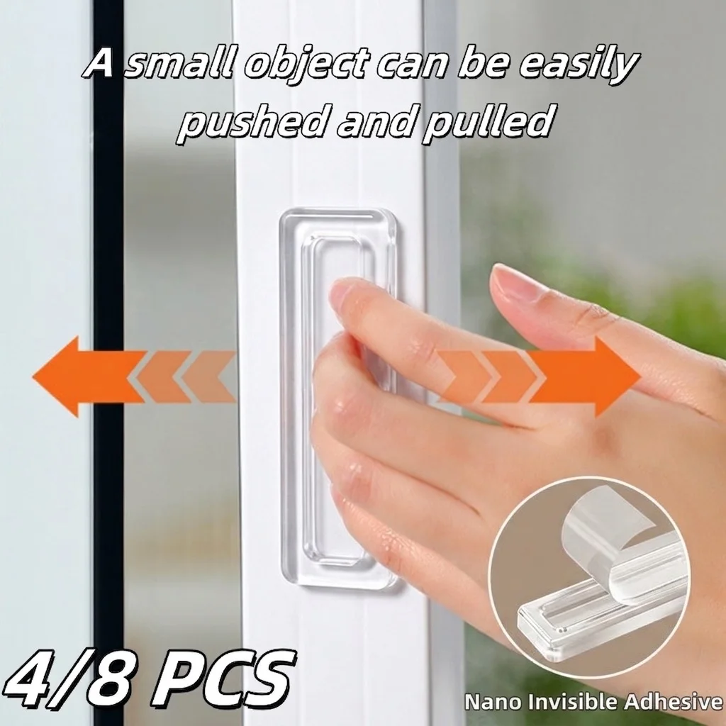 4/8pcs No-Drill Transparent Door Handles - Highly Traceless Adhesive Backing for Drawers, Wardrobes & Glass Doors - Polished Fin