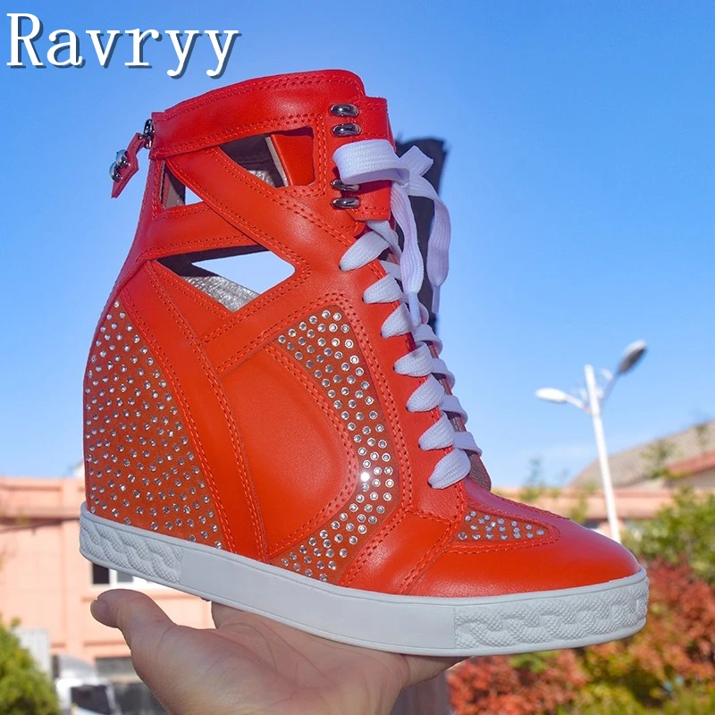 

Orange Hollow Out Rhinestone Women Hidden Heel Sneakers Fashion Design Inner Height Increase Lace Up High Top Shoes