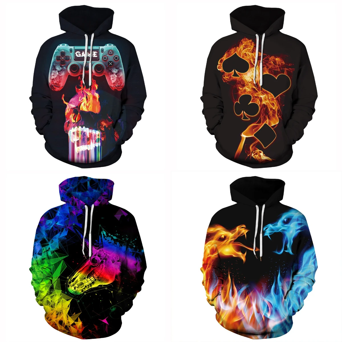 

Flame Game Controller Colorful Dragon Unicorn Poker 3D Printing Men Hoodies Women Hooded Sweatshirt Oversized Pullover Clothes