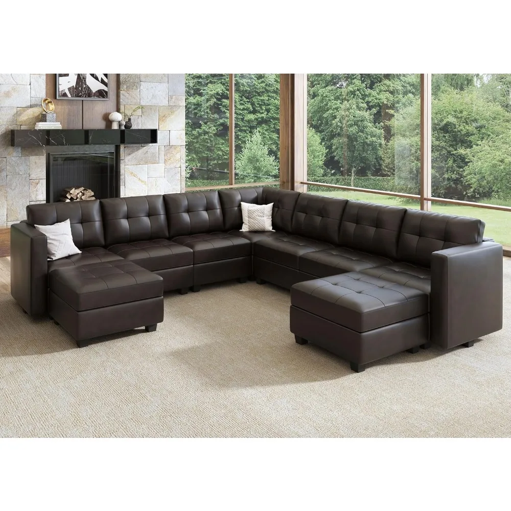 

U-shaped sectional sofa faux leather oversized sectional sofa with storage stool 9 seater sectional sofa for living room leather