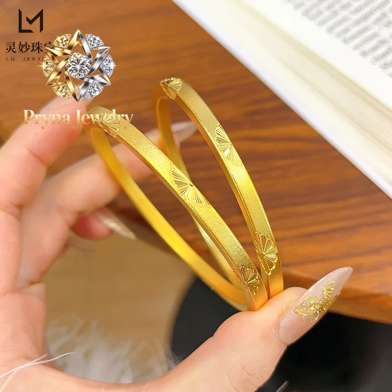 Pryna Jewelry   9999 Ancient method engraved small daisy square bracelet 24K real gold solid circle flower bracelet simple and v